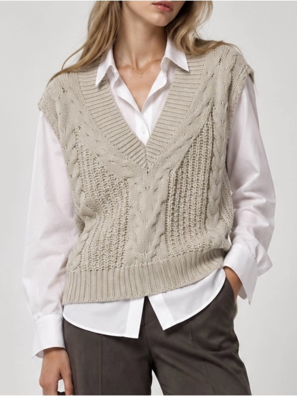 pistola Cable Knit V-Neck Sweater Vest in Beige